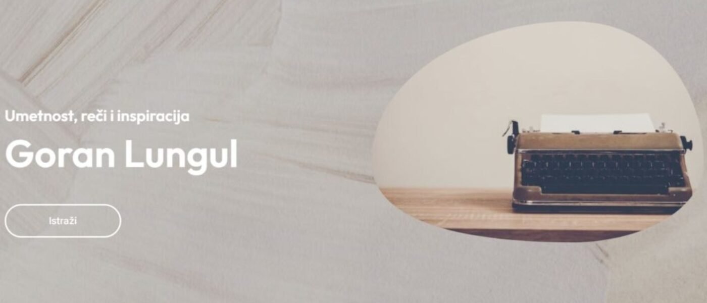 Početna stranica sajta pesnika Lungul Gorana, pozadina boje peska, na desnoj strani slika starog modela pisaće mašine.