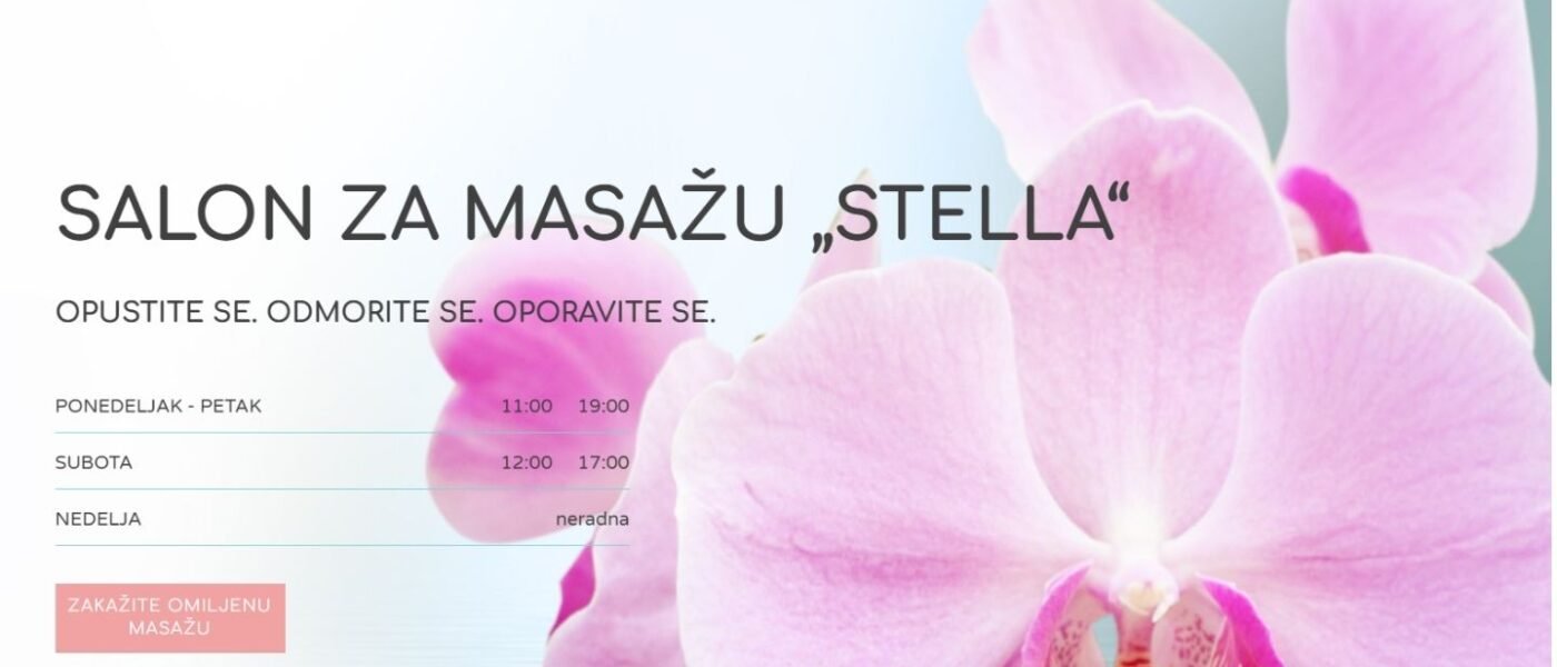 Početna stranica sajta Salona za masažu, na kome je veliki roze cvet orhideje sa desne strane a sa leve radno vreme salona.
