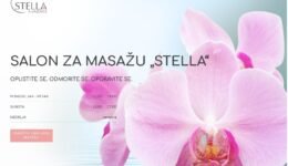 Početna stranica sajta Salona za masažu, na kome je veliki roze cvet orhideje sa desne strane a sa leve radno vreme salona.